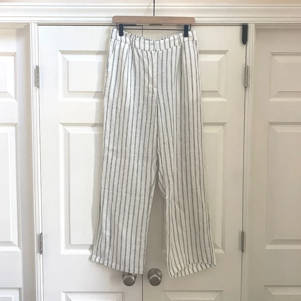 NWT Quince European Linen Women 8 Wide Leg Pant Oatmeal Stripe Eco Coastal